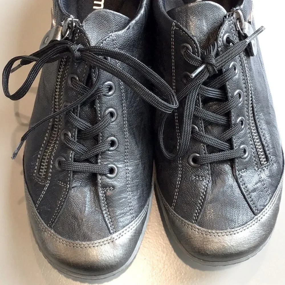 Remonte by Rieker Black Metallic Sheen Leather Zip Side Casual Lace Up Sneakers - Picture 8 of 16